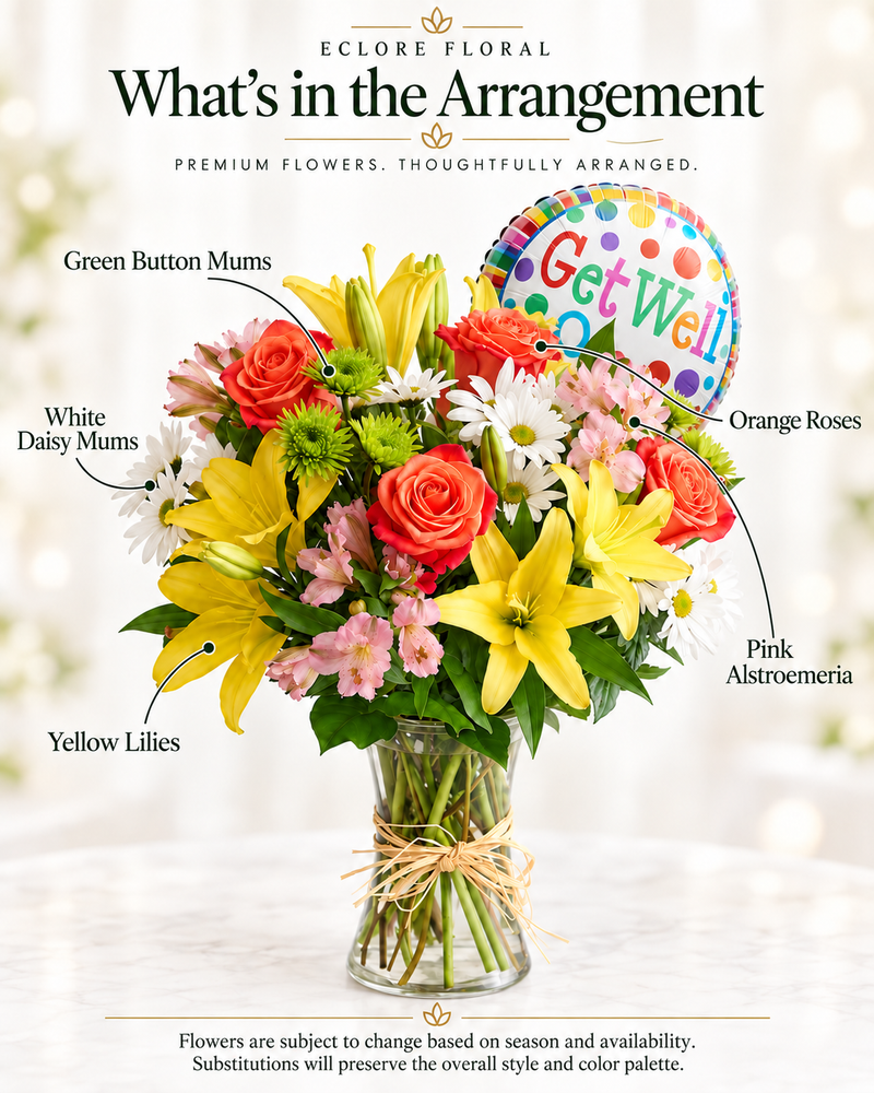 What's in the Arrangement: orange roses, yellow lilies, white daisy mums, green button mums and pink alstroemeria. Flowers are subject to season and availability; substitutions preserve the overall style and color palette.