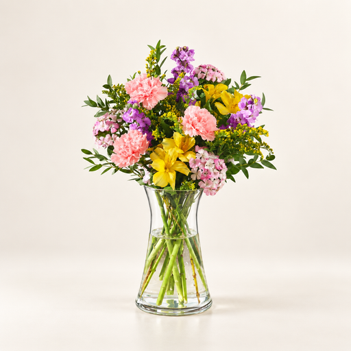 Petal Confetti: pink, yellow and purple flowers with greenery arranged in a clear glass vase against a warm ivory background.