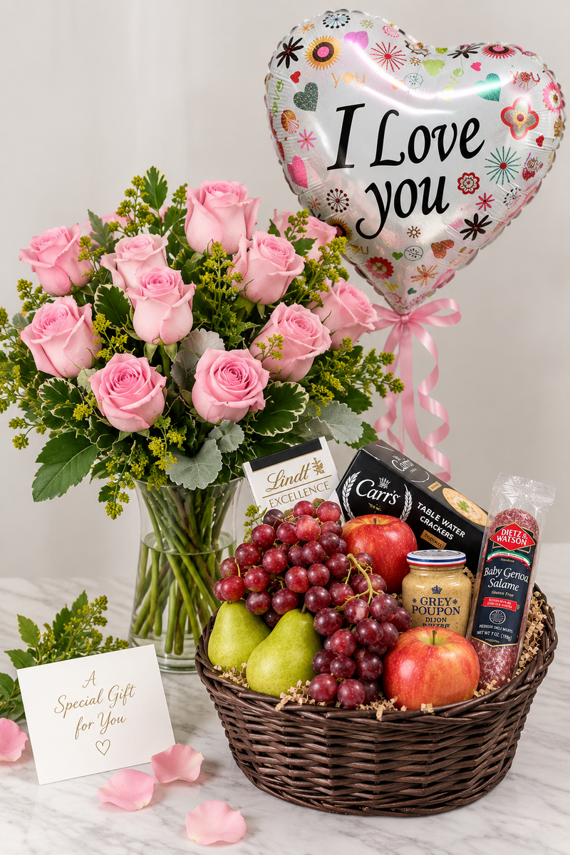 Pink Rose and Gourmet Love Package with 24 pink roses, I Love You balloon, and gourmet fruit and snack basket