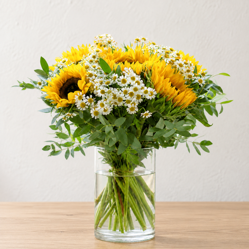Yellow sunflowers and small white daisies with green foliage in a clear cylindrical glass vase