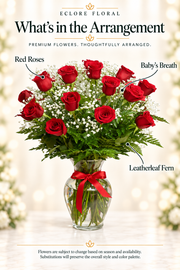 Eclore Floral — What's in the Arrangement: Elegant 12-Rose Vase Arrangement. Flower identification guide with seasonal availability disclaimer.