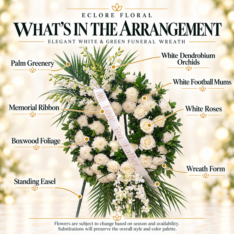 Elegant White & Green Funeral Wreath flower guide