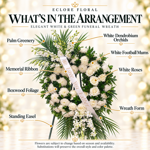 Elegant White & Green Funeral Wreath flower guide