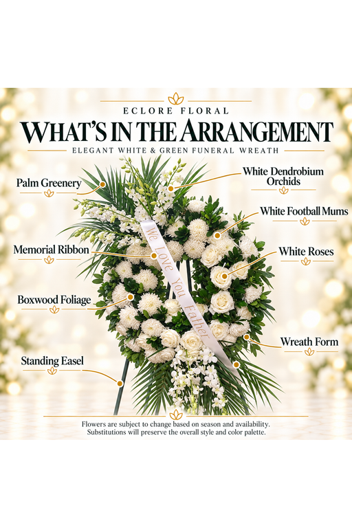 Elegant White & Green Funeral Wreath flower guide