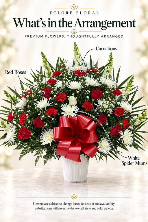 Eclore Floral — What's in the Arrangement: Eternal Love – Red & White Sympathy Basket. Flower identification guide with seasonal availability disclaimer.