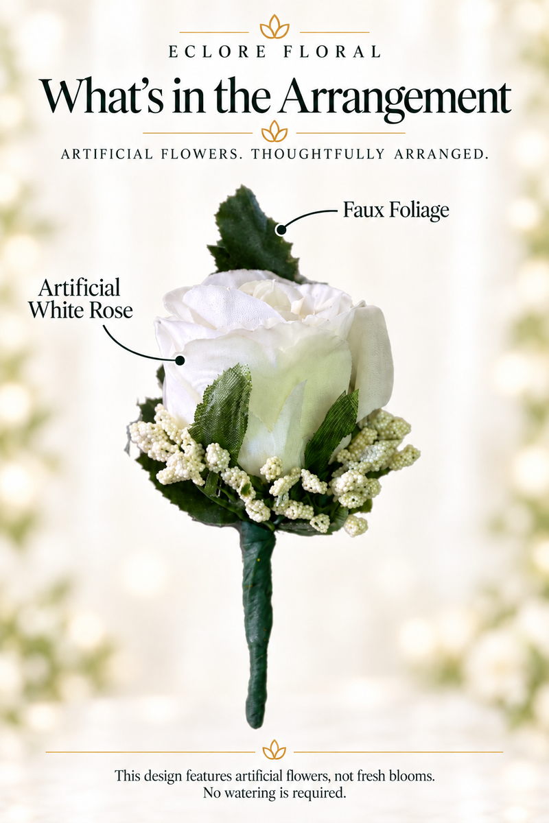 Eclore Floral — What’s in the Arrangement: All White boutonniere. Artificial flowers, not fresh blooms.
