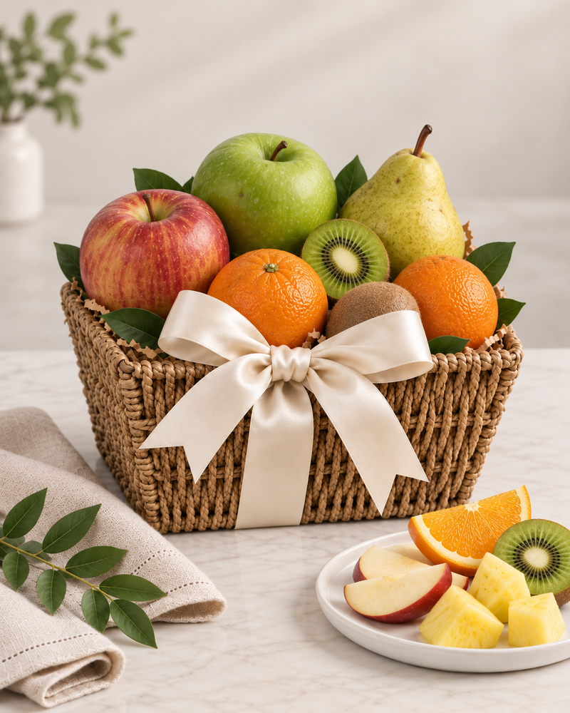 Fresh fruit basket Classic size with apples, oranges, pear, kiwi and cream ribbon