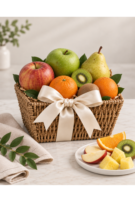 Fresh fruit basket Classic size with apples, oranges, pear, kiwi and cream ribbon