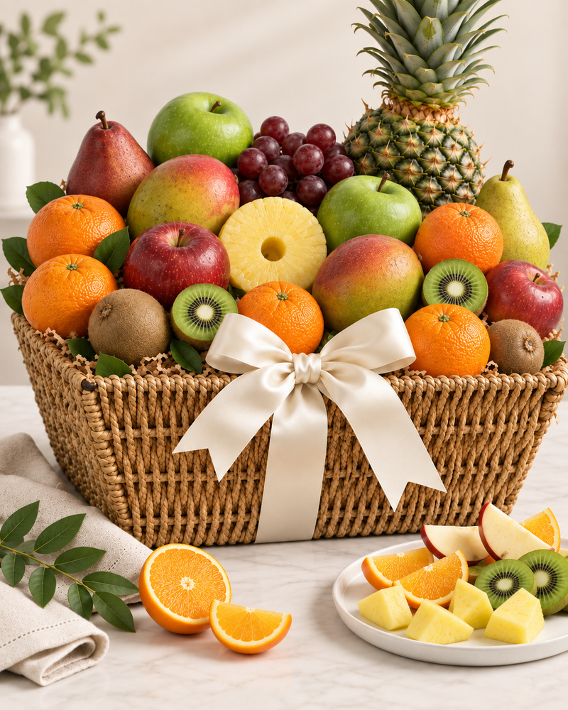 Fresh fruit basket Deluxe size with pineapple, grapes, apples, oranges and cream ribbon