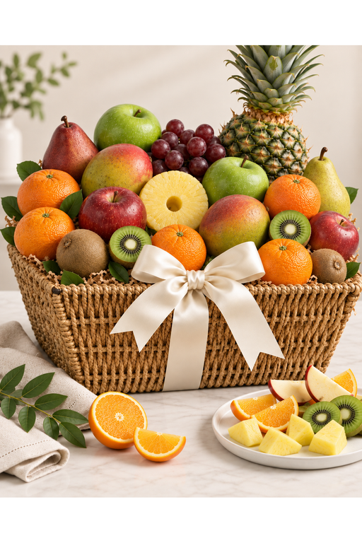 Fresh fruit basket Deluxe size with pineapple, grapes, apples, oranges and cream ribbon