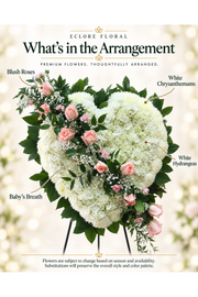 Eclore Floral flower guide for Full Heart Standing Spray [SS008] – White & Blush Roses. Flower varieties may vary with season and availability.