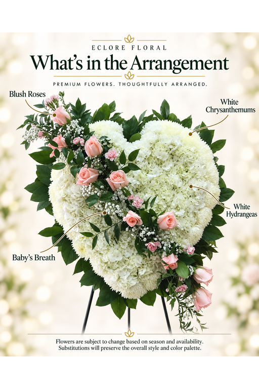 Eclore Floral flower guide for Full Heart Standing Spray [SS008] – White & Blush Roses. Flower varieties may vary with season and availability.