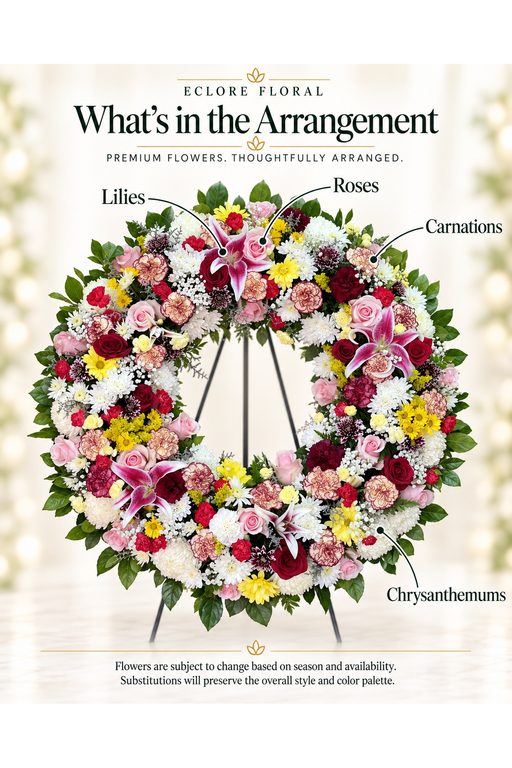 Eclore Floral — What’s in the Arrangement: Tranquil Garden Tribute Wreath. Flowers may vary with season and availability.