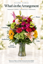 Eclore Floral — What’s in the Arrangement: Gabi’s Sunflower Vase Arrangement – Bright Sunflowers, Lilies & Roses. Flowers may vary with season and availability.