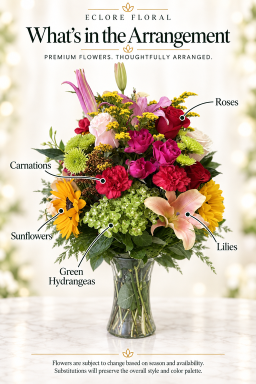 Eclore Floral — What’s in the Arrangement: Gabi’s Sunflower Vase Arrangement – Bright Sunflowers, Lilies & Roses. Flowers may vary with season and availability.