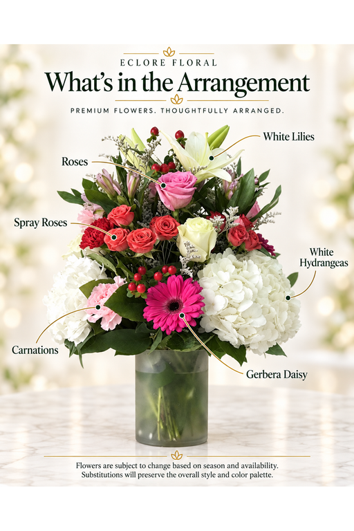 Eclore Floral flower guide for Gerber Hunt Flower Arrangement – Hydrangeas, Gerbera Daisies & Roses. Flower varieties may vary with season and availability.