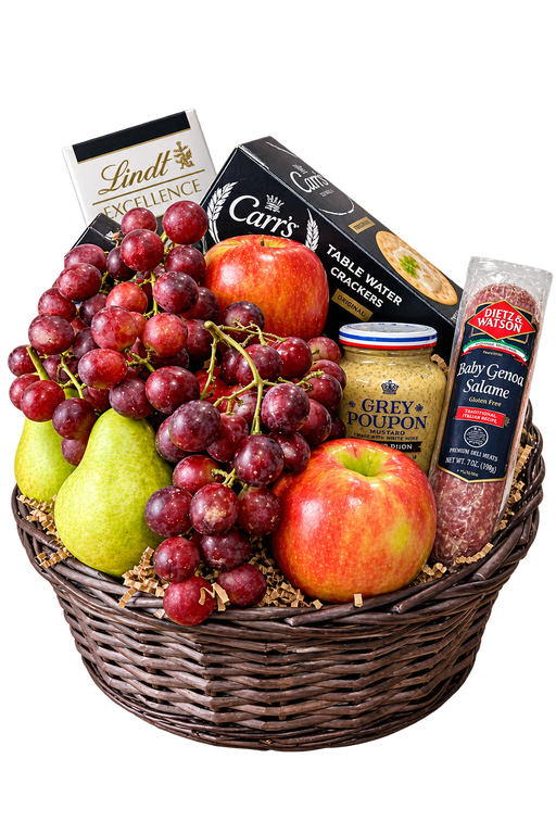 Gourmet fruit and snack gift basket with grapes, apples, pears, crackers, chocolate, mustard and salami