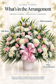 Eclore Floral — What's in the Arrangement: Graceful Farewell – White & Pink Funeral Basket. Flower identification guide with seasonal availability disclaimer.