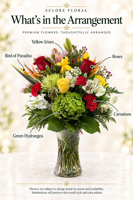 Green Shore Tropical Mixed Flower Arrangement | Roses, Hydrangea & Bird of Paradise Vase Bouquet — Eclore Floral flower guide with seasonal availability disclosure