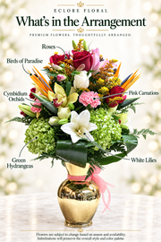 Eclore Floral flower guide for Green Vine Luxury Vase Arrangement – Hydrangeas, Lilies, Roses & Orchids. Flowers are subject to season and availability; substitutions preserve the overall style and color palette.