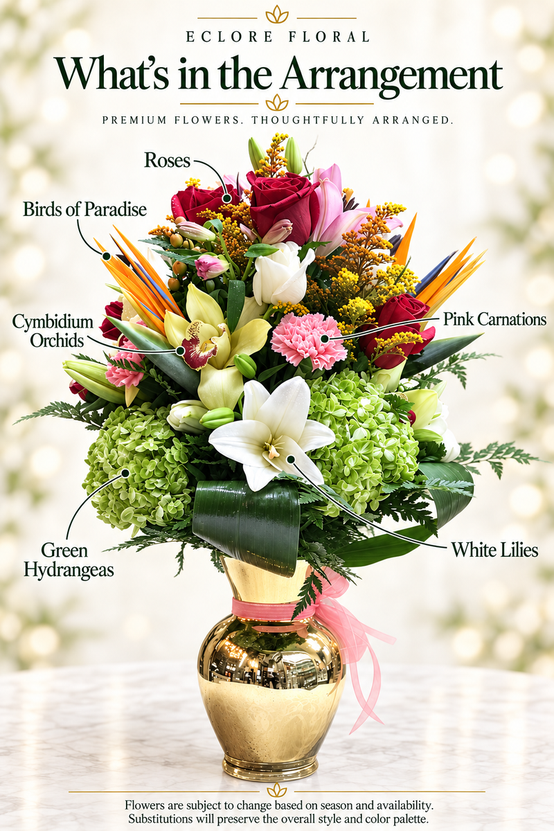 Eclore Floral flower guide for Green Vine Luxury Vase Arrangement – Hydrangeas, Lilies, Roses & Orchids. Flowers are subject to season and availability; substitutions preserve the overall style and color palette.