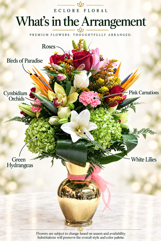 Eclore Floral flower guide for Green Vine Luxury Vase Arrangement – Hydrangeas, Lilies, Roses & Orchids. Flowers are subject to season and availability; substitutions preserve the overall style and color palette.