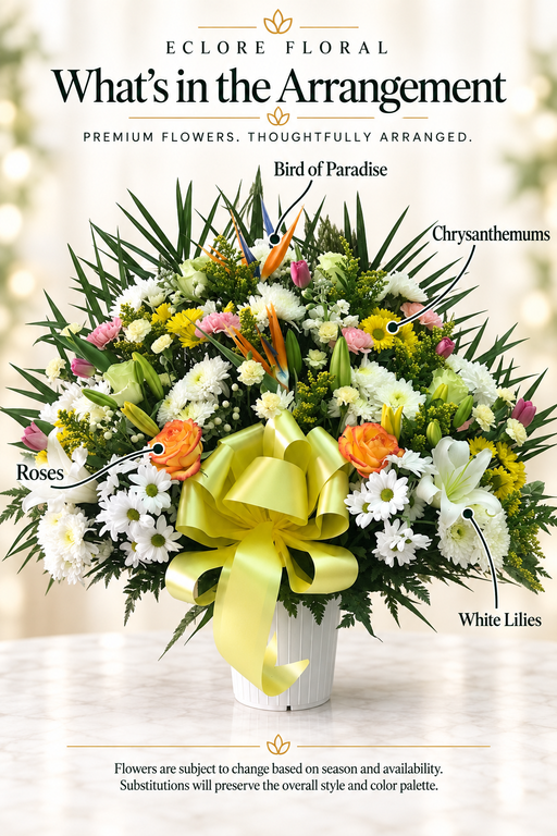 Eclore Floral — What's in the Arrangement: Heaven’s Light – Multi-Color Sympathy Basket. Flower identification guide with seasonal availability disclaimer.
