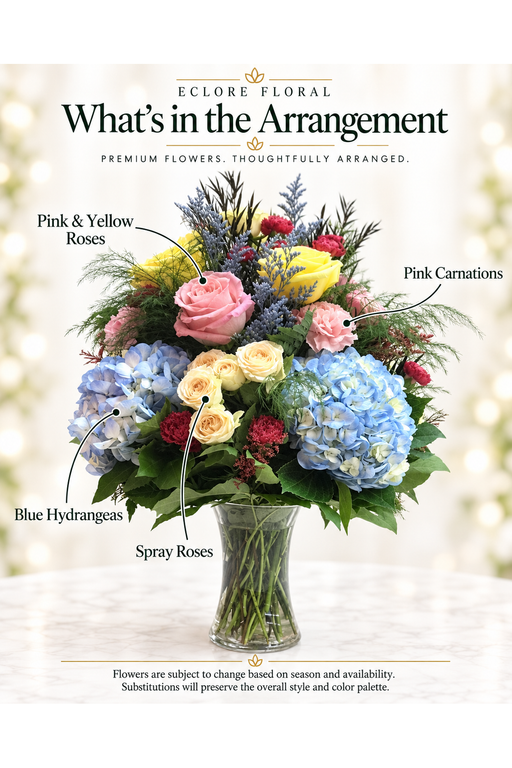 Eclore Floral flower guide for Iris Spring Bloom Vase Arrangement | Hydrangeas & Roses. Flowers are subject to season and availability; substitutions preserve the overall style and color palette.