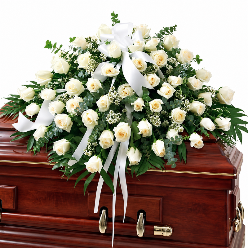 Ivory Grace white rose casket spray with baby's breath, greenery and white satin ribbon