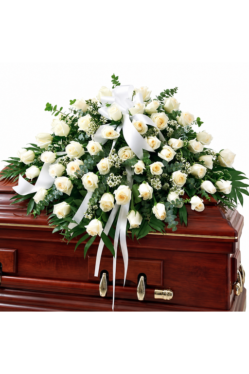 Ivory Grace white rose casket spray with baby's breath, greenery and white satin ribbon