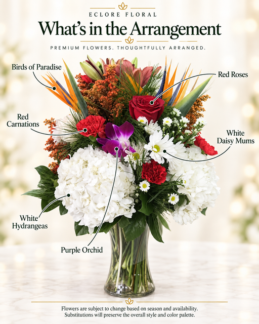 Eclore Floral flower guide for June Bug Floral Vase Arrangement – Hydrangeas, Roses & Birds of Paradise. Flower varieties may vary with season and availability.