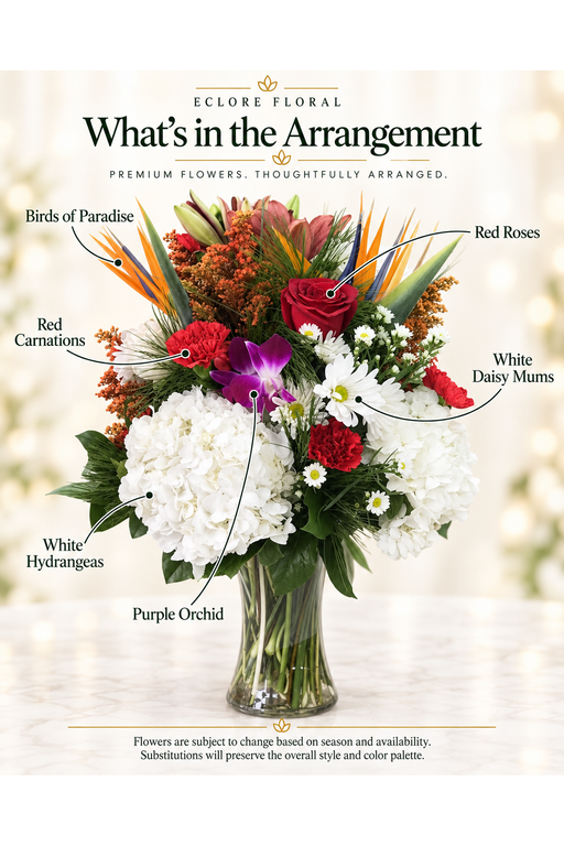 Eclore Floral flower guide for June Bug Floral Vase Arrangement – Hydrangeas, Roses & Birds of Paradise. Flower varieties may vary with season and availability.