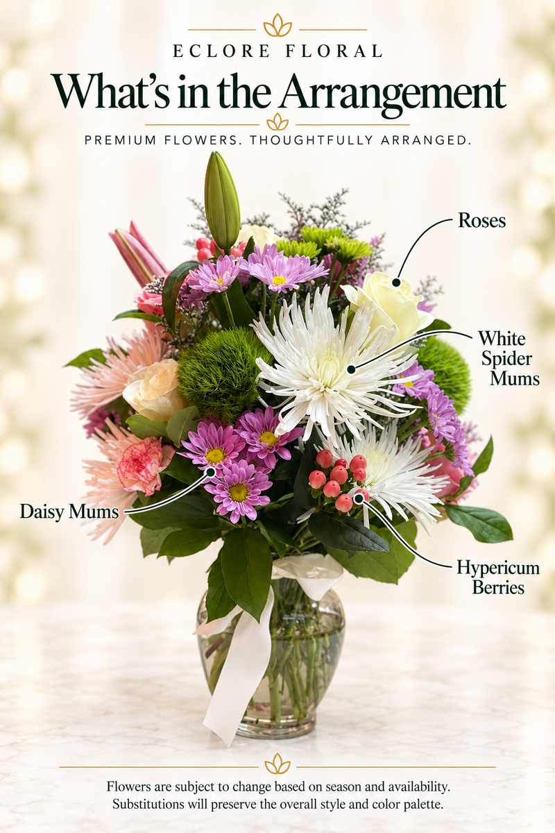 Eclore Floral — What's in the Arrangement: Lady Bug Floral Vase Arrangement. Flower identification guide with seasonal availability disclaimer.