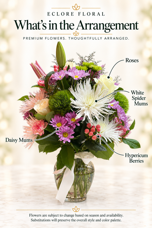 Eclore Floral — What's in the Arrangement: Lady Bug Floral Vase Arrangement. Flower identification guide with seasonal availability disclaimer.