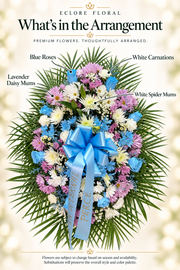 Eclore Floral — What's in the Arrangement: Lavender & Blue Standing Spray – Soft Sympathy Tribute. Flower identification guide with seasonal availability disclaimer.