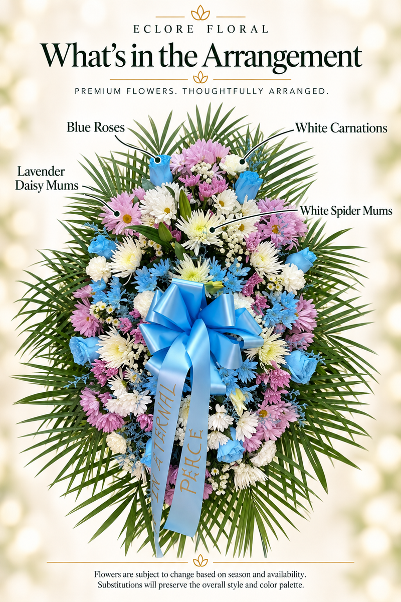 Eclore Floral — What's in the Arrangement: Lavender & Blue Standing Spray – Soft Sympathy Tribute. Flower identification guide with seasonal availability disclaimer.