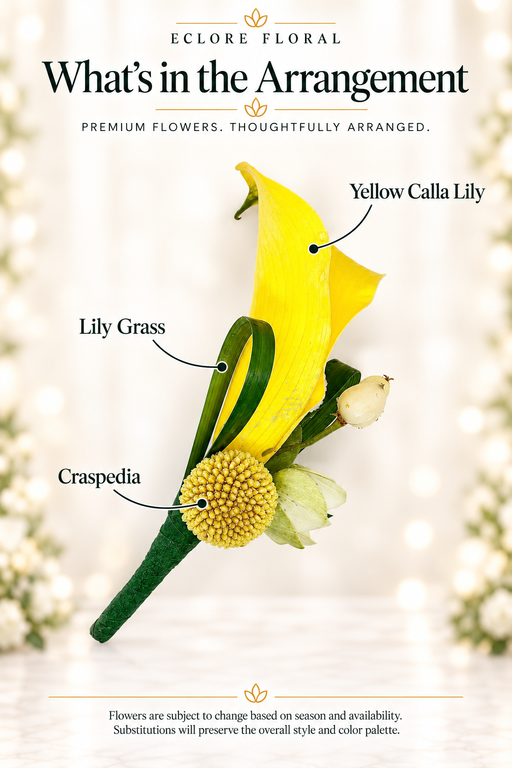 Eclore Floral — What's in the Arrangement: Lily Boutonniere. Flower identification guide with seasonal availability disclaimer.
