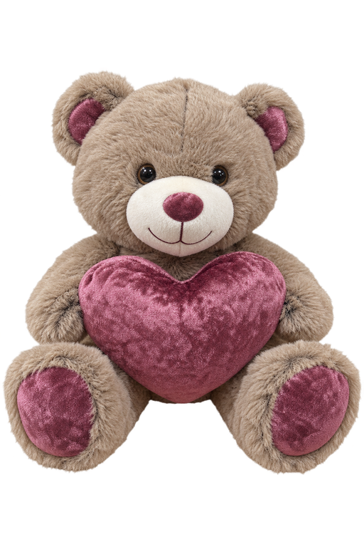 Taupe teddy bear holding a mauve heart
