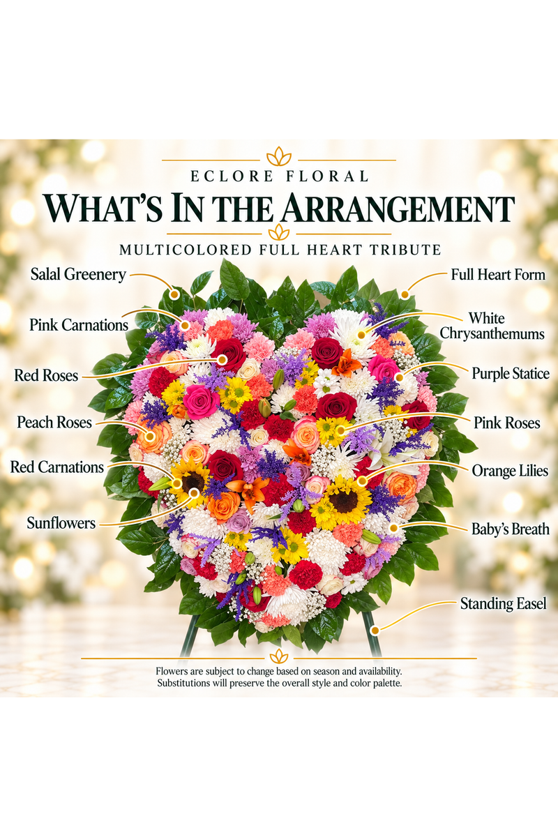 Multicolored Full Heart Funeral Tribute flower guide