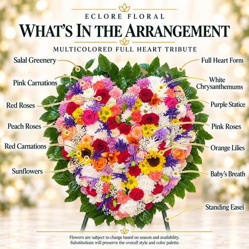 Multicolored Full Heart Funeral Tribute flower guide