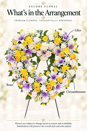 Yellow & Lavender Open Heart Standing Spray [SS012] — Eclore Floral flower guide with seasonal availability disclosure
