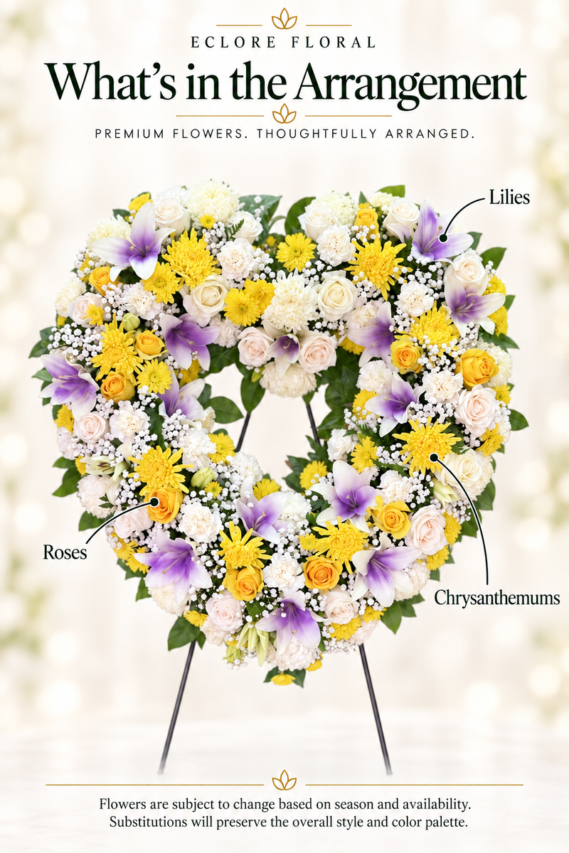 Yellow & Lavender Open Heart Standing Spray [SS012] — Eclore Floral flower guide with seasonal availability disclosure