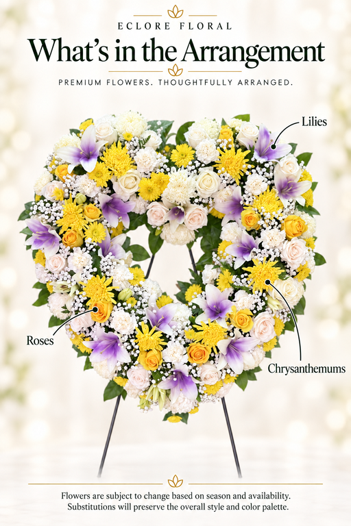 Yellow & Lavender Open Heart Standing Spray [SS012] — Eclore Floral flower guide with seasonal availability disclosure