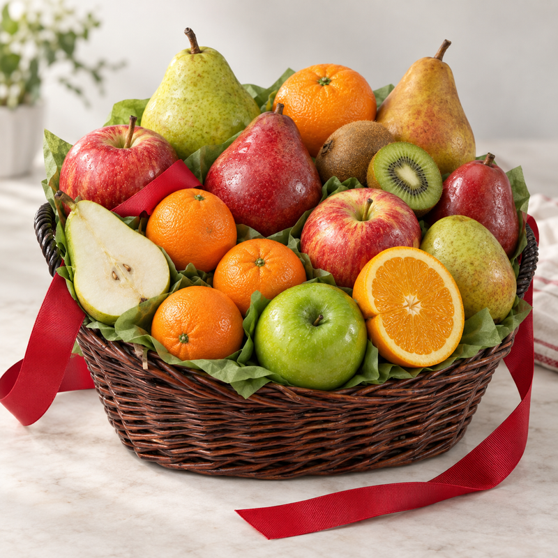 Orchard fresh fruit basket with apples, pears, oranges and kiwi in a woven basket with red ribbon