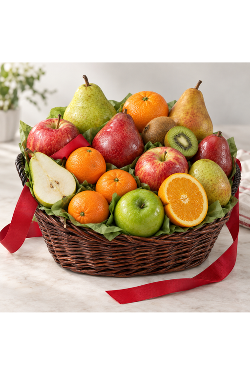 Orchard fresh fruit basket with apples, pears, oranges and kiwi in a woven basket with red ribbon