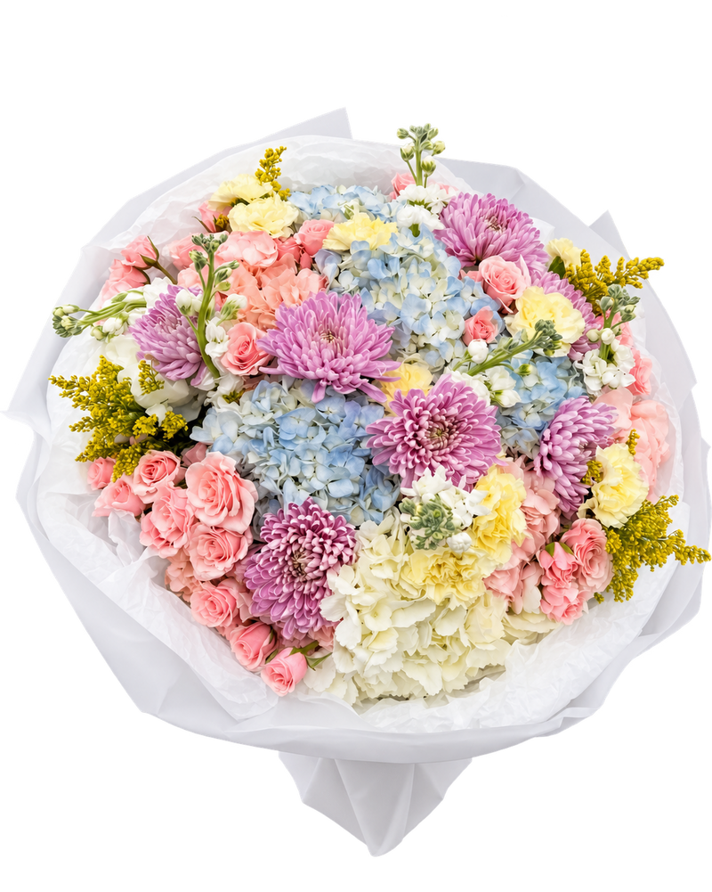 Pastel Garden Bouquet in white wrapping