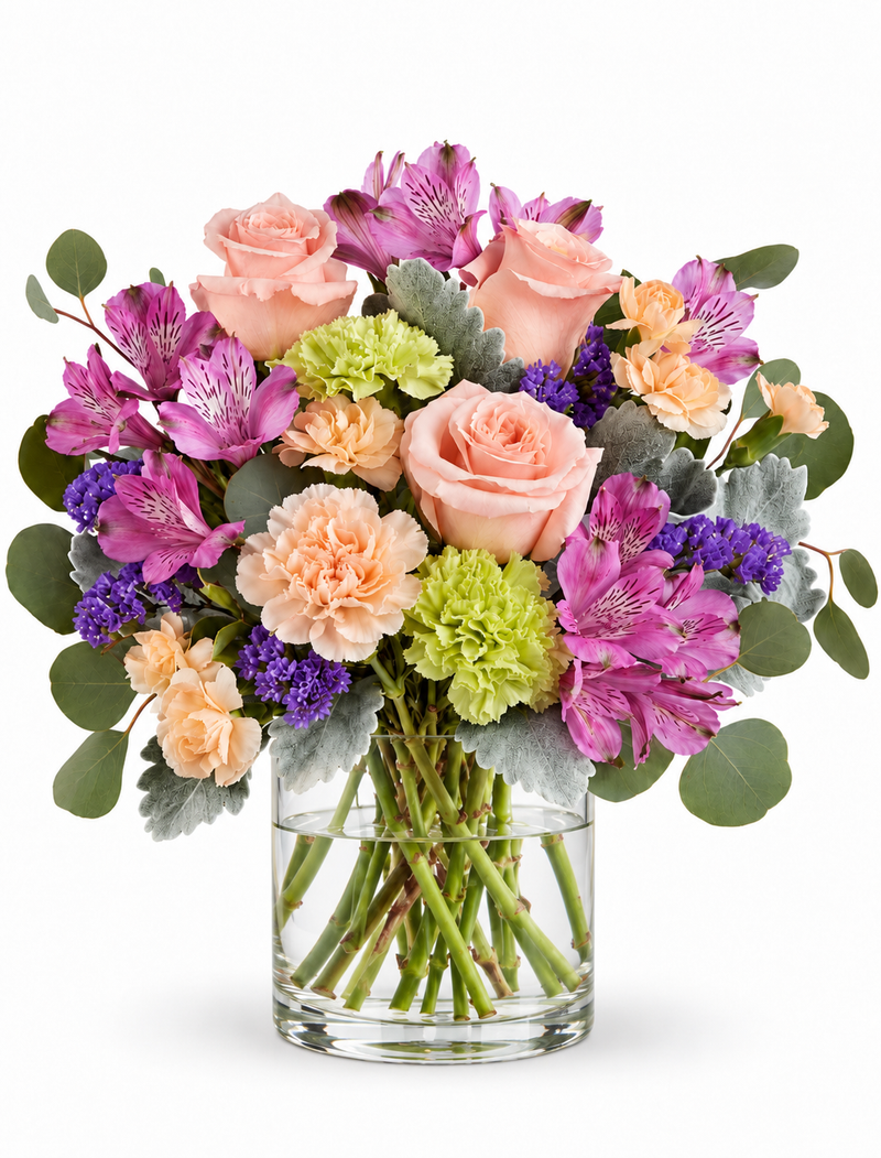 Peach Blossom Garden roses, carnations and alstroemeria in clear glass vase