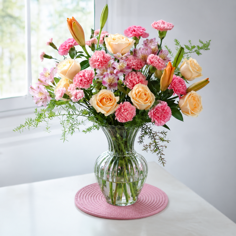 Peach Blush Garden arrangement with peach roses, pink carnations, lilies and greenery in a glass vase