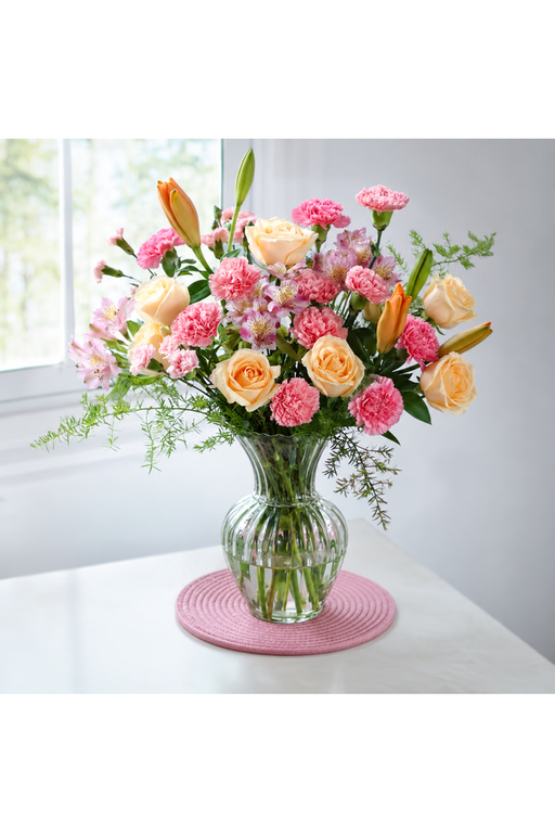 Peach Blush Garden arrangement with peach roses, pink carnations, lilies and greenery in a glass vase
