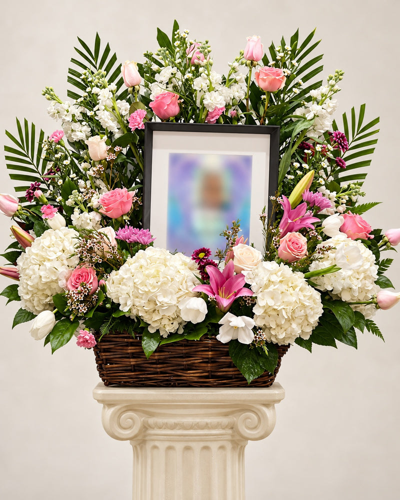 Pink and white funeral flower basket with blurred memorial photo in a black frame, on an ivory pedestal